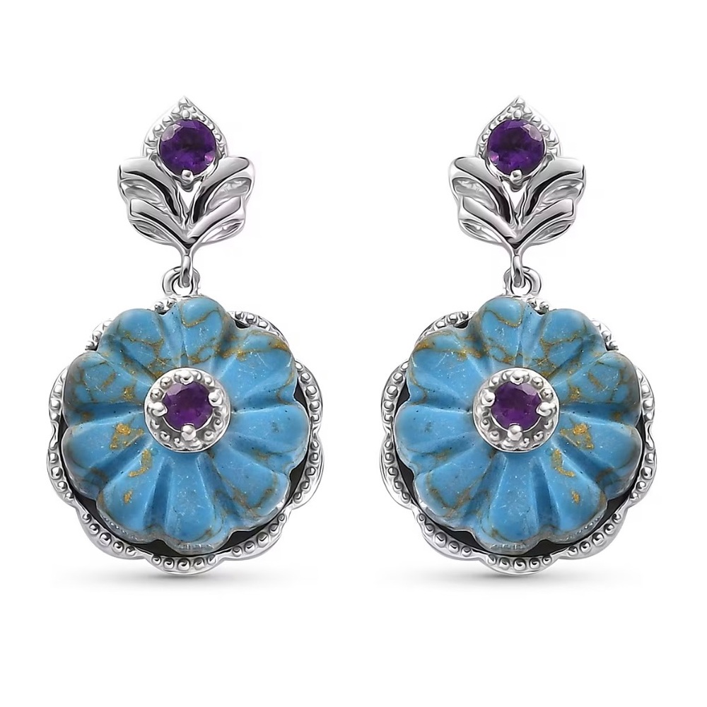 Mojave Carved Turquoise & Amethyst
Floral Earrings in 925 sterling silver